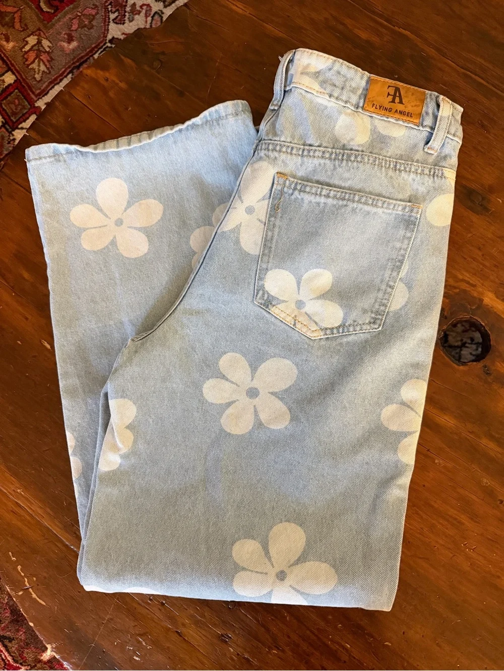 Flying Angel Floral Print Light Blue Wide Leg High Rise Jeans, Size 30 - Picture 1 of 8